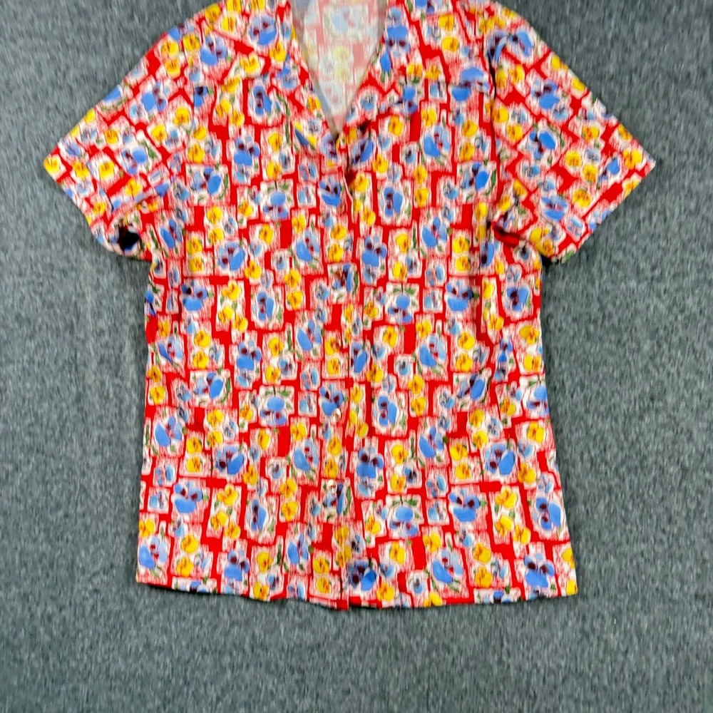 Vintage Sears Best Perma-Prest Shirt Floral Pansy Print Red Blue Yellow Retro M